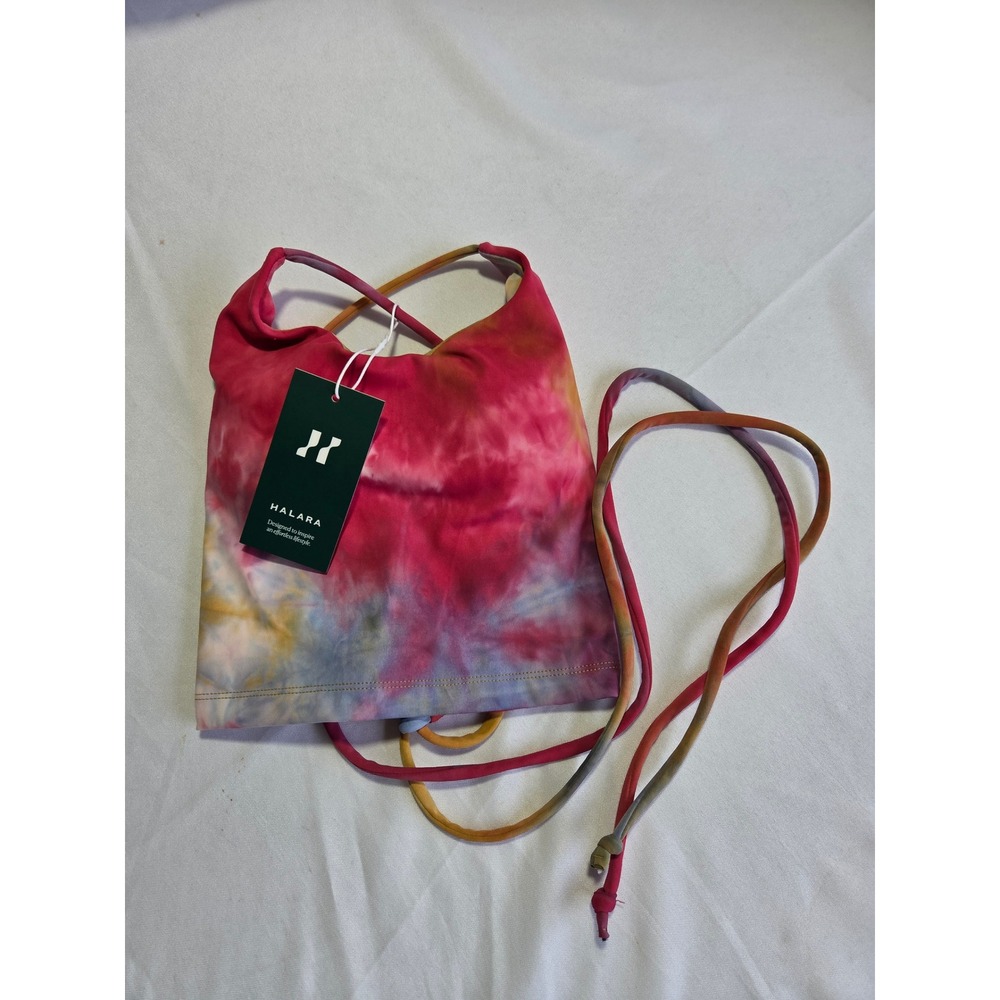 Halara Workout Tie Dye Lace Up Back Crop Top Pink Blue Yellow Small NWT